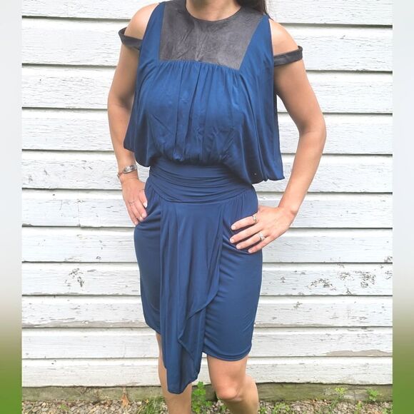 Yigal Azrouel Draped Leather Trim Cold Shoulder Designer Dress Blue 2 - Picture 1 of 13